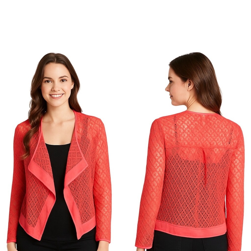 Peck‎ And Peck Collection Lace Cropped Jacket Coral Open Front 34 Sleeve Size 10
